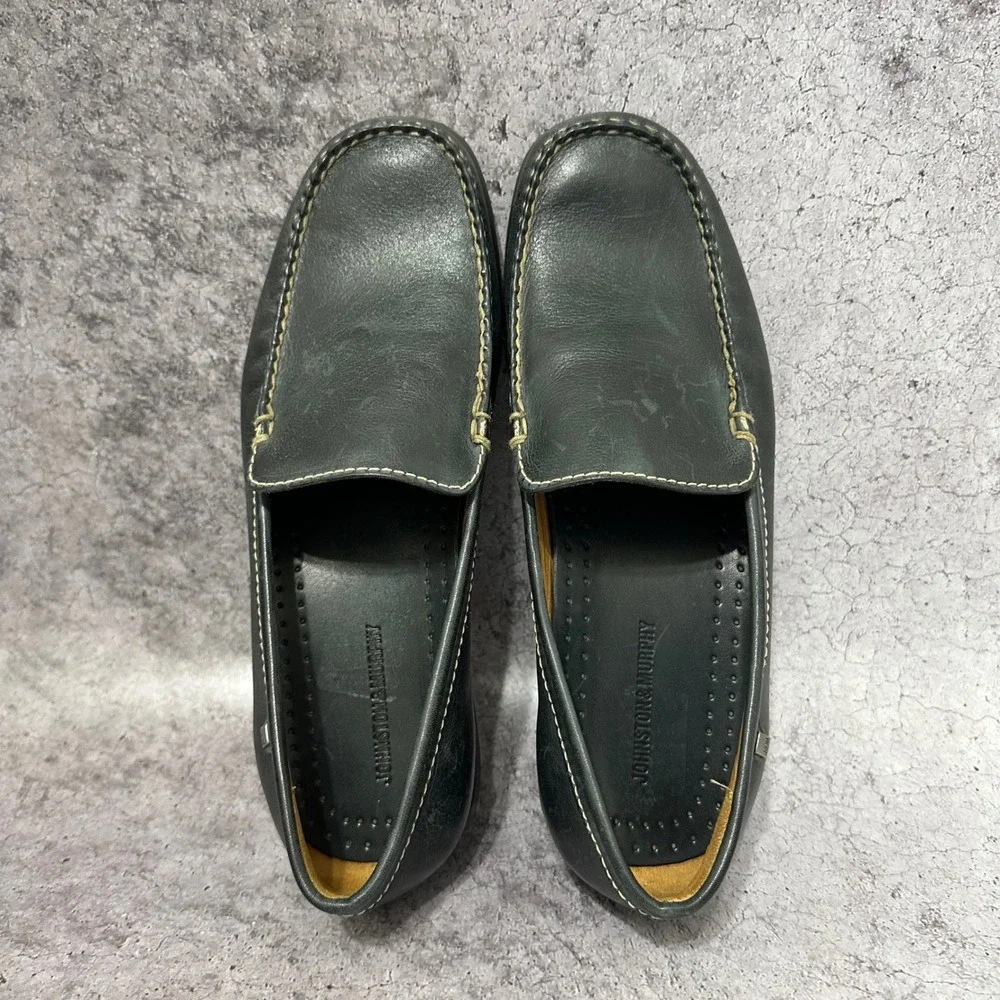 Johnston & Murphy Loafers Mens 10.5 Dark Green Leather Slip On Contrast Stitch